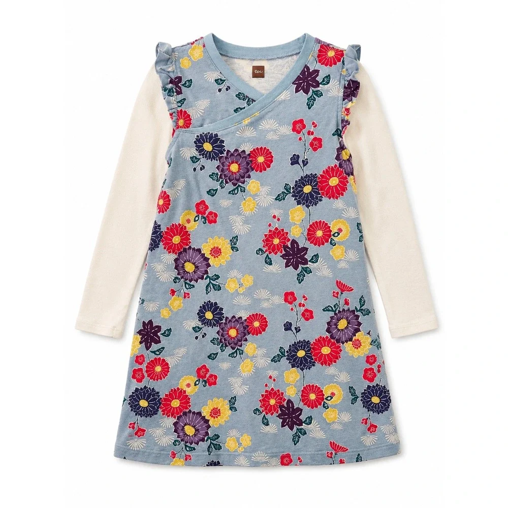 Tea Collection Girls Floral Dress Bundle 2pc Pink Blue Long Sleeve Size 4